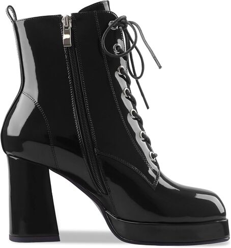 Oh Mispares Women's Platform Ankle Boots with High Chunky Heel Fashion Lace-up Square toe Patent Leather Booties in Kuwait