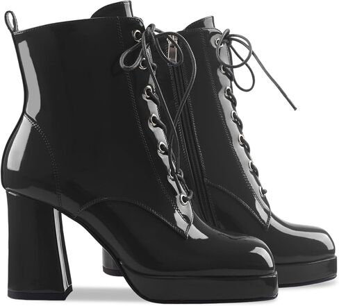 Oh Mispares Women's Platform Ankle Boots with High Chunky Heel Fashion Lace-up Square toe Patent Leather Booties in Kuwait