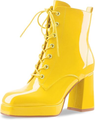 Oh Mispares Women's Platform Ankle Boots with High Chunky Heel Fashion Lace-up Square toe Patent Leather Booties in Kuwait