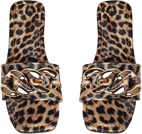 GORGLITTER Women's Leopard Cheetah Flat Sandals Y2k Square Open Toe Single Band Slide Sandals in Saudi Arabia