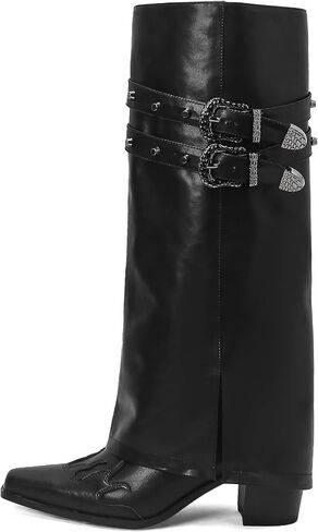 Jimishow Knee High Boots for Women Fold Over Tall Boots Foldover Chunky Block Heel Square Toe Heeled Boots Ladies Comfortable Pull on Buckle Fashion Winter Wide Calf Boots in Saudi Arabia