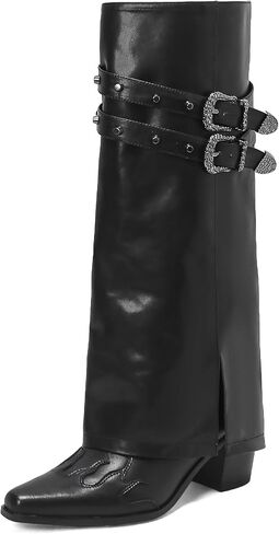 Jimishow Knee High Boots for Women Fold Over Tall Boots Foldover Chunky Block Heel Square Toe Heeled Boots Ladies Comfortable Pull on Buckle Fashion Winter Wide Calf Boots in Saudi Arabia
