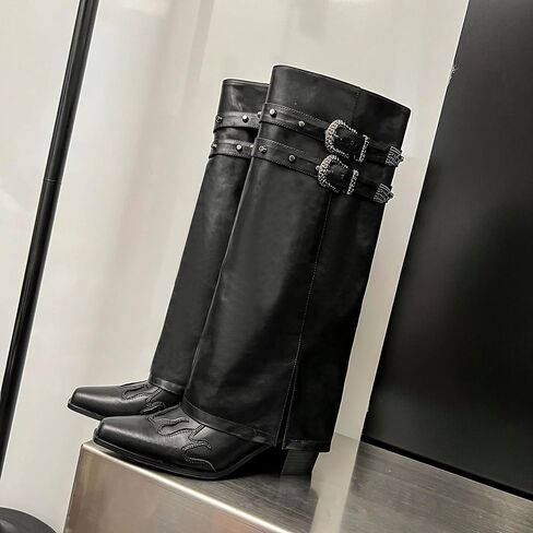 Jimishow Knee High Boots for Women Fold Over Tall Boots Foldover Chunky Block Heel Square Toe Heeled Boots Ladies Comfortable Pull on Buckle Fashion Winter Wide Calf Boots in Saudi Arabia