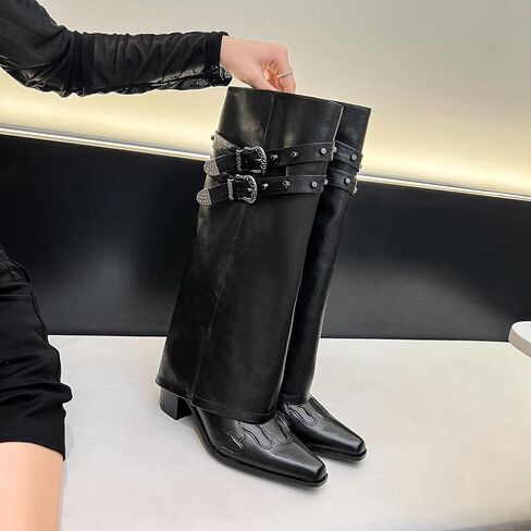 Jimishow Knee High Boots for Women Fold Over Tall Boots Foldover Chunky Block Heel Square Toe Heeled Boots Ladies Comfortable Pull on Buckle Fashion Winter Wide Calf Boots in Saudi Arabia