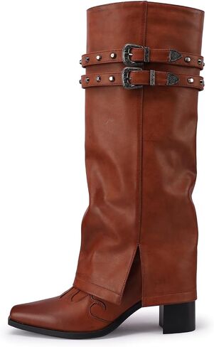 Jimishow Knee High Boots for Women Fold Over Tall Boots Foldover Chunky Block Heel Square Toe Heeled Boots Ladies Comfortable Pull on Buckle Fashion Winter Wide Calf Boots in Saudi Arabia