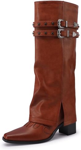 Jimishow Knee High Boots for Women Fold Over Tall Boots Foldover Chunky Block Heel Square Toe Heeled Boots Ladies Comfortable Pull on Buckle Fashion Winter Wide Calf Boots in Saudi Arabia