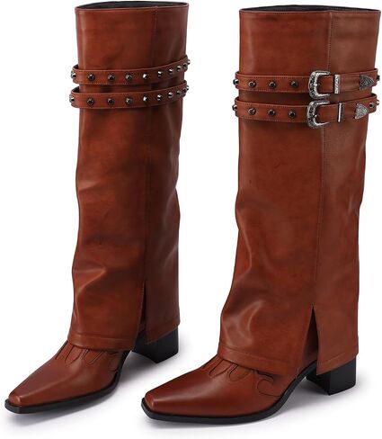 Jimishow Knee High Boots for Women Fold Over Tall Boots Foldover Chunky Block Heel Square Toe Heeled Boots Ladies Comfortable Pull on Buckle Fashion Winter Wide Calf Boots in Saudi Arabia