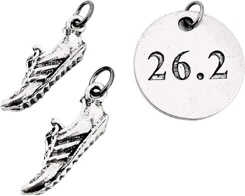 Running Shoe 26.2 Round Pewter Charm Set - زوج من سحر الأحذية الجري - سحر أحذية Running (2) Pewter و 1 Round Pewter 26.2 في Bage Bag in Kuwait
