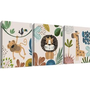 Framed Boho Wild Animals Canvas Nursery Wall Art Prints Kids Room Wall Decor for Nursery Decor Baby Room Bedroom Wall Decor Bathroom Theme Decor Ready to Hang (12 x 16 Inch 3 Pieces)