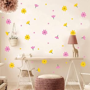 Daisy Flower and Dots Wall Decals Colorful Flower Wall Stickers for Kids Bedroom Playroom Nursery Vinyl Wall Decor Y53 (Yellow,Pink)
