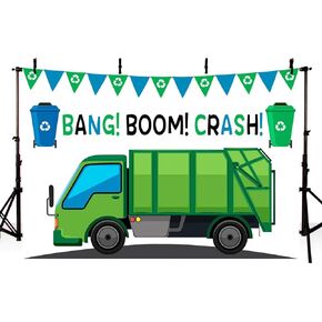 MEHOFOND Garbage Truck Birthday Party Backdrop Props Boy Bang Boom Crash Dump Everything Celebrate Birthday Photography Green and Blue Background Photo Banner for Cake Table Supplies 7x5ft