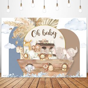 Glawry Noah's Ark Backdrop for Photography 7Wx5H Feet Oh Baby Boho Blue Pampas Flower Cartoon Woodland Animal Ocean Lovely Clouds Newborn Kid Party Decorations Photoshoot Background Photo Booth Studio