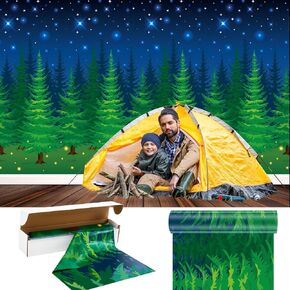 Mepase 100 x 4.5 ft Forest Scene Camping Backdrop Camping Photo Backdrop Photography Background Party Decorations Adventure Tablecloth for Outdoor Adventure Birthday Party