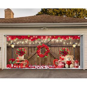 Valentine's Day Garage Door Banner Cover Rustic Wood Door Red Love Rose Large Yard Sign 6 x 13 Ft Backdrop Photo Prop for Wedding Party House Indoor Outdoor