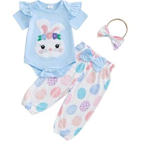 Karuedoo Newborn Baby Girl Easter Outfit Bunny Embroidery Ruffle Short Sleeve Romper Easter Eggs Long Pants Headband 3Pcs Set