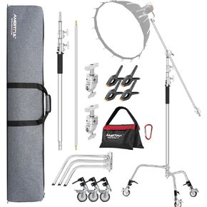 AMBITFUL Stainless Steel Heavy Duty C-Stand, 150 cm - 320 cm, Adjustable Photographic Sturdy Tripod with Wheels for Reflectors, Softboxes, Monolights, Heavy Duty Holding Arm