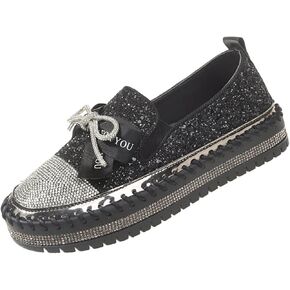 KCTRFSJ Women's Rhinestones Glitter Bow Platform Sneaker,Handmade Flat Casual Slip On Loafers,Comfort Low Top Walking Shoes