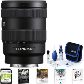 Sony E 16-55mm f/2.8 G Lens Bundle with Software Suite, Lens Cleaning Kit, and 64GB SDHC Canvas Select Plus Memory Card (4 Items)