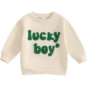 Toddler Baby Boy St Patricks Day Outfit Clover Letter Embroidery Sweatshirt Long Sleeve Shirts Pullover Tops