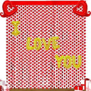 Valentine's Day Foil Curtain Backdrop, 2 Pack Red Heart Shape Tinsel Fringe Curtain and I LOVE YOU Balloon,Valentines Day Photo Streamer for Valentines Day Wedding Engagement Birthday Party Decor