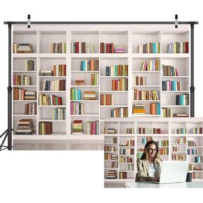 LYWYGG 7X5FT Bookshelf Backdrop Bookcase Backdrops Library Backdrop Office Backdrop for Video Conference Vintage Party Background Books CP-259 White