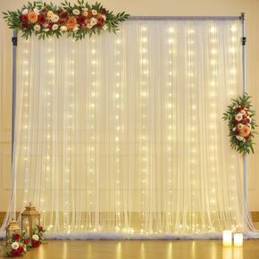 10x10ft White Tulle Backdrop Curtain with Lights String for Parties Wedding Twinkle Sheer Backdrop Curtains for Bridal Shower Birthday Party Baby Shower Christmas Photo Booth Background Decorations