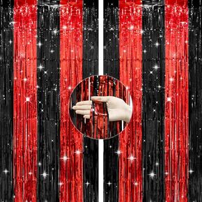Anwyll Red Black Foil Tinsel Fringe Curtain Backdrop,2Pack Metallic Curtain Party Streamer Photo Backdrop for Party Decoration,Glitter Red And Black Backdrop for Casino Movie Night Ladybug Party Decor