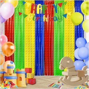 Building Blocks Birthday Party Decorations, 2 Pack Building Tinsel Foil Fringe Curtains Party Supplies, Blocks Photo Booth Prop Backdrop Streamer, Birthday Decorations for Kids