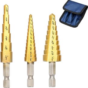 SANUKE Step Drill Bit Set,3pcs High Speed Steel Titanium Coated Step Bits for Metal 1/4-3/4inch 9steps,1/8-1/2inch 13steps,3/16-1/2inch 6steps Total 28 Step Sizes