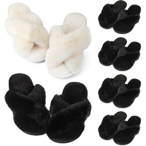 6 Pairs Bridesmaid Slippers Bulk, Black White Fuzzy Slippers for Women Fluffy Cozy Open Toe Soft Bride Slipper Wedding Ladies Furry House Shoes in Kuwait