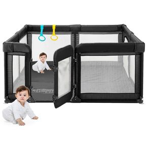 Baby Playpen 79"x71" wth A Door, Baby Playard for Babies and Toddlers, Baby Fence Play Pens for Indoor & Outdoor, Sturdy Safety Play Pen with Soft Breathable Mesh, Anti-Fall, Black