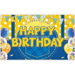 Fabric 96x60inch Yellow Jeans Cartoon Happy Birthday Backdrop Banana Balloon Flag Boy Party Decorations Kids Supplies Photo Booth Props Cake Table Banner