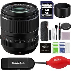 Fujifilm XF 33mm f/1.4 R LM WR Lens Bundle with Card Reader, 64GB SD Card, Lens Case and Advanced Accessories | USA Authorized with Fujifilm Warranty | Fuji 33mm