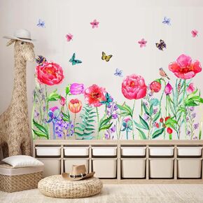 Colorful Flower Wall Decals Flower Butterfly Window Stickers Plants Flower Wall Decals Peel and Stick Wall Art Girls Kids Bedroom Living Room Decor