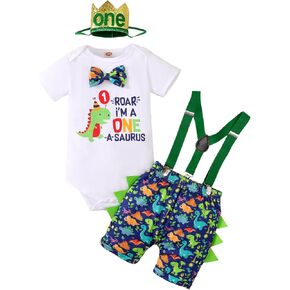 Baby Boys 1st Birthday Outfit Cake Smash Bow Tie Romper Dinosaurs Bodysuit Bloomers Y Back Suspenders Pants Set