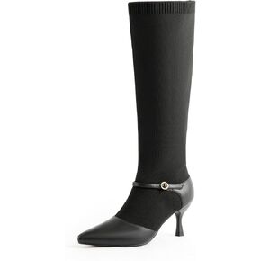 Kitten Heel Knee High Boots for Women Stretchy Knit Sock Booties Knee High Pointed Toe Low Heel Slip On Breathable Buckle Strap Winter Tall Boots