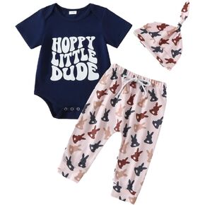 Lamuusaa Easter Outfit Baby Boy Short Sleeve Letter Print Romper Carrot/Bunny Patterns Long Pants Hat Summer Clothes