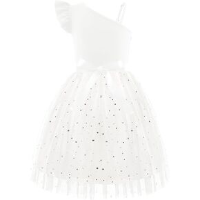 Arshiner Girls Dresses Summer One Shoulder Ruffle Sleeveless Formal Fancy Party Birthday Tulle Dress with Belted