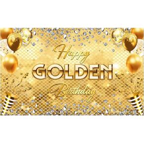 Funnytree Happy Golden Birthday Backdrop Gold Shiny Glitter Diamonds Balloons Background Bday Girls Luxury Party Supplies Banner Cake Table Decor Photobooth Props Gifts