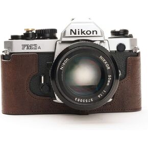 Nikon FM3A Case, BolinUS Handmade Genuine Real Leather Half Camera Case Bag Cover for Nikon FM3A Camera with Hand Strap (Coffee)