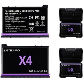 Fantasyo X4 Battery X4 Accessories X4 Replacement Battery with 2500mAh, X4 Pack of 2 Battery and 1 X4 Charging Cable, Only Compatible with Insta360 X4 Camera