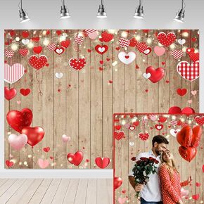 Mocsicka Rustic Wood Valentine's Day Backdrop 7x5ft Brown Wood Red Love Hearts Galentine's Day Photography Background Wedding Decorations Happy Valentine's Day Photobooth Backdrops