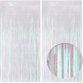 2 Pack White Iridescent Streamers Backdrop, 3.3x6.6ft Foil Fringe Curtains Silver Holographic Door Tinsel Streamers for Birthday, Wedding, Holiday, Bachelorette, Theme Party Decorations