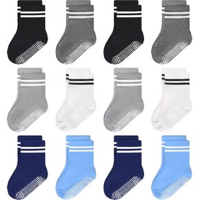 ELUTONG 12 Pairs Toddler Socks with Grips Anti Skid Sticky Crew Socks Infant Kids Baby Grip Socks for Boys Girls