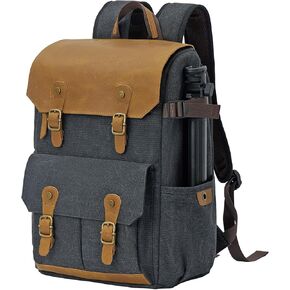 Camera Backpack - DSLR SLR Vintage Leather Style Waterproof Canvas Bag Backpack with 15.6 inch Laptop Sleeve Compartment - Double Tripod Holder (Khaki)