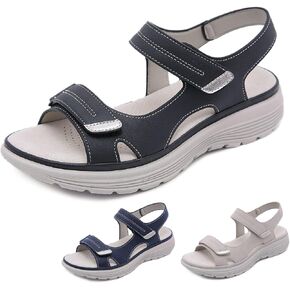 Women's Leather Platform Casual Orthopedic Sandals Fashion Comfortable Hook Loop Non Slip Outdoor Wedge Walking Sandals for Mam Work Outdoor