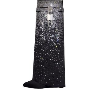Rhinestones Fold Over Knee High Boots for Women Shark Lock Boots High Shaft Wide Calf Fashion Boots Blue Black Boots Pull on Party Concert Boots