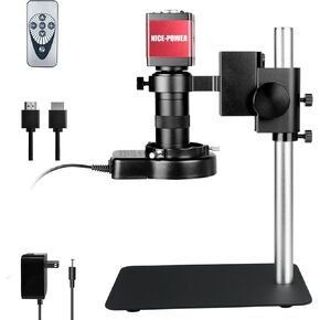 NICE-POWER Digital Microscope, 13MP 1080P HDMI VGA Industrial Microscope Magnifier, 130X Zoom C-Mount HD Lens, LED Ring Light, Soldering Electronic Repair Benchtop Microscope with Metal Base