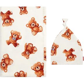 Unisex Baby Swaddle Receiving Blanket with Matching Beanie Set, Soft Bamboo-Derived Viscose, Hello Teddy