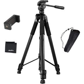 72" Inch Black Aluminum Camera Tripod with Universal Smartphone Mount for iPhone, Samsung, and All Smartphones, Includes UltraPro Microfiber Cleaning Cloth